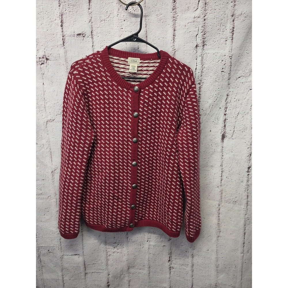 LL Bean‎ Birdseye Cotton Wool Knit Sweater Jacket Nordic Pewter Buttons Womens L